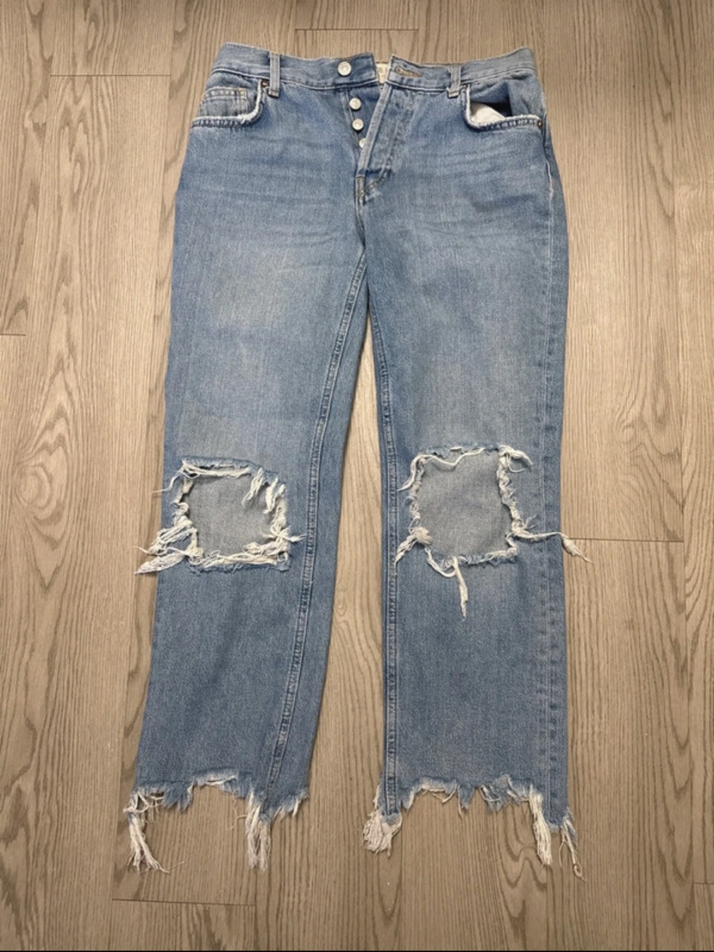 We The Free Light Blue Distressed Cropped Jeans with Raw Hem
